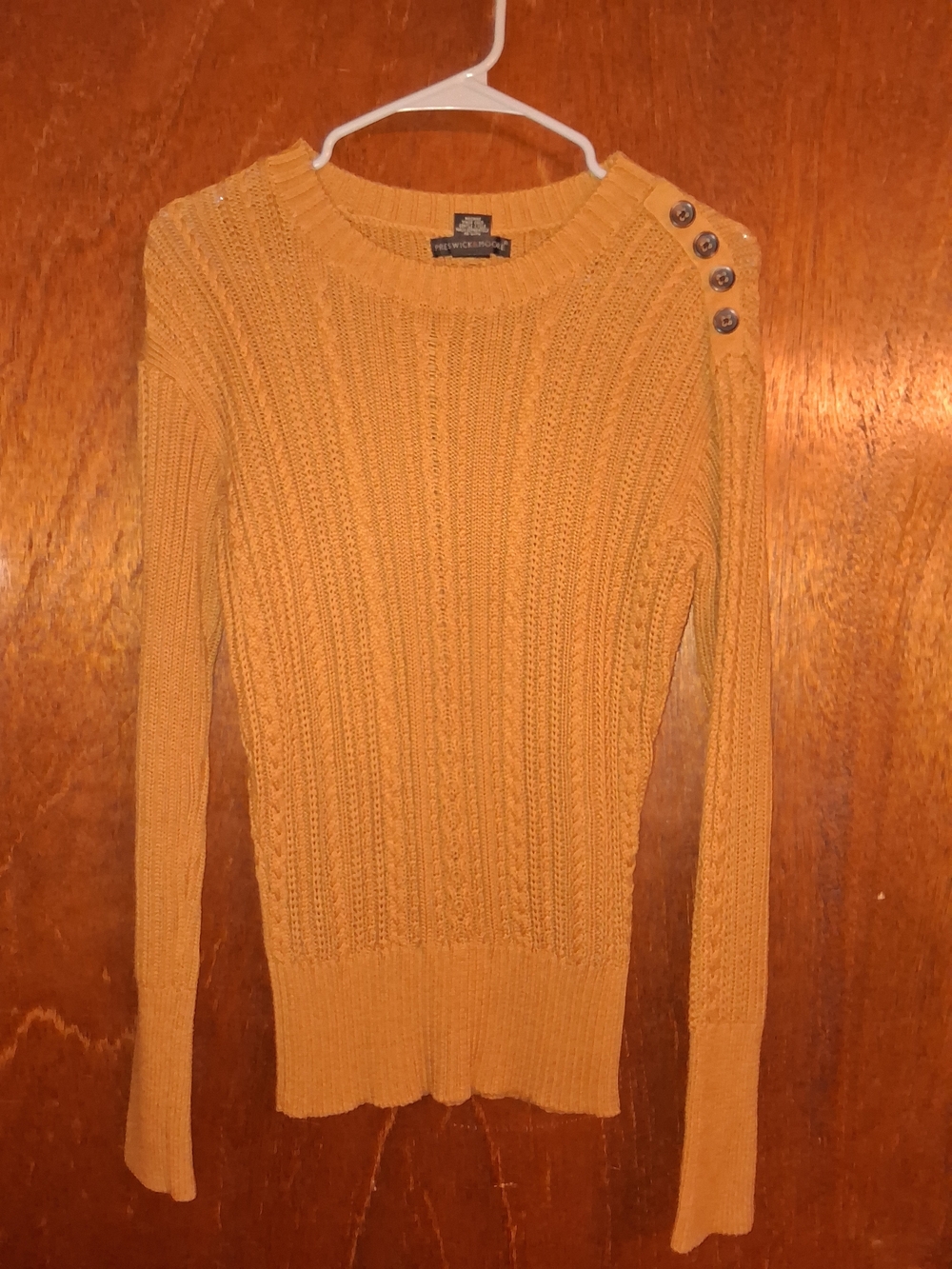Preswick & Moore Mustard Cable-Knit Crewneck Sweater with Shoulder Buttons